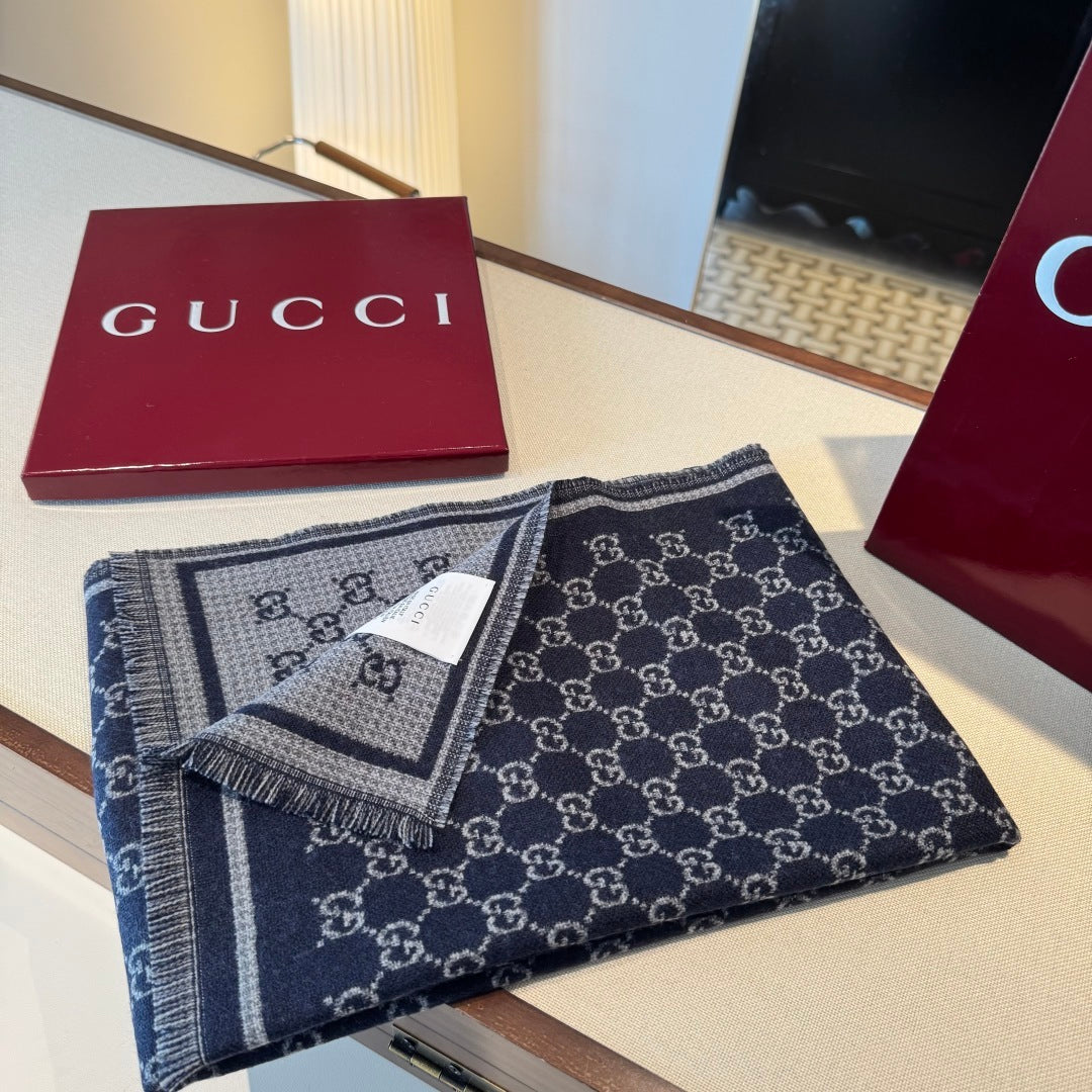 Cachecol Gucci De Lã Cor Azul Marinho / Cinza Claro