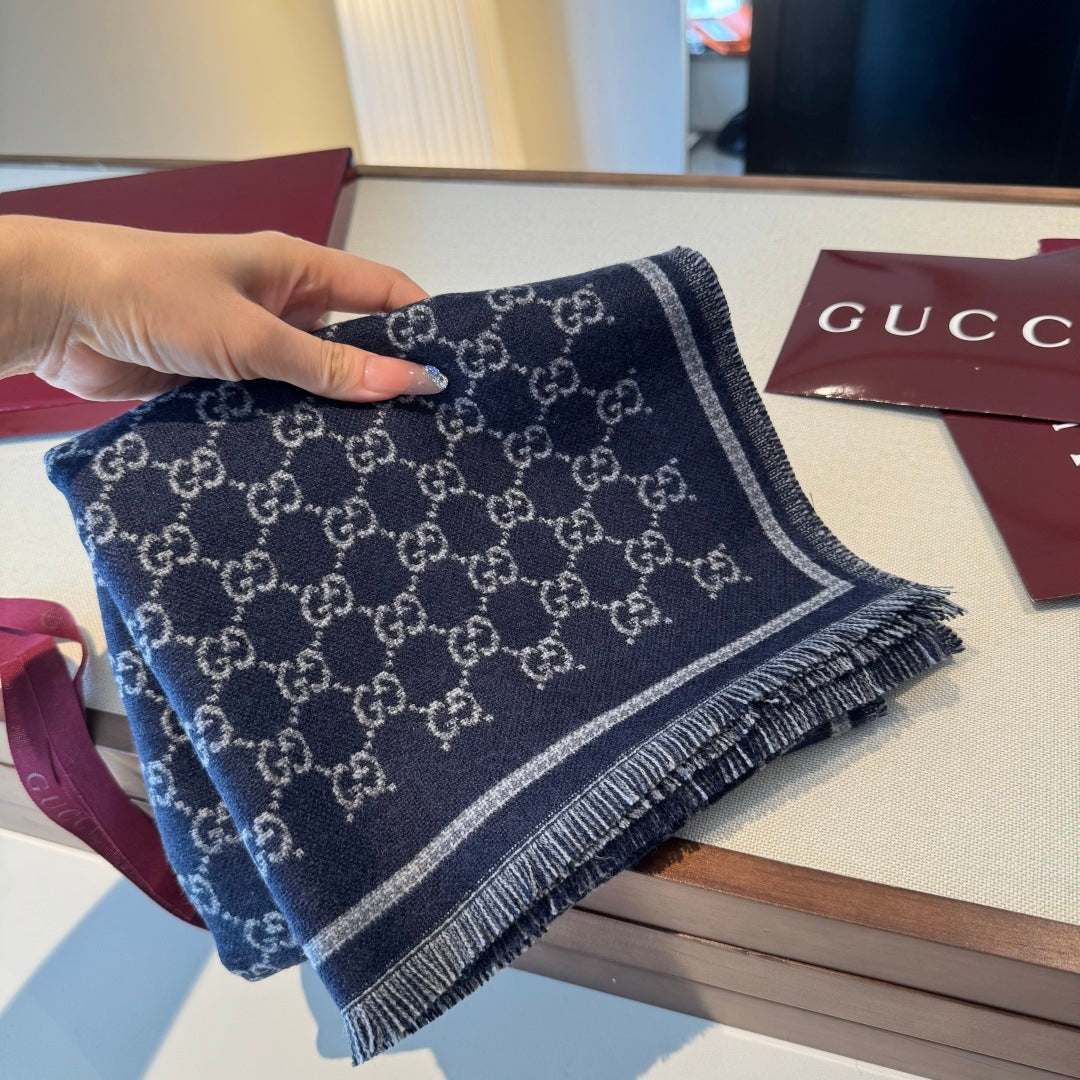 Cachecol Gucci De Lã Cor Azul Marinho / Cinza Claro