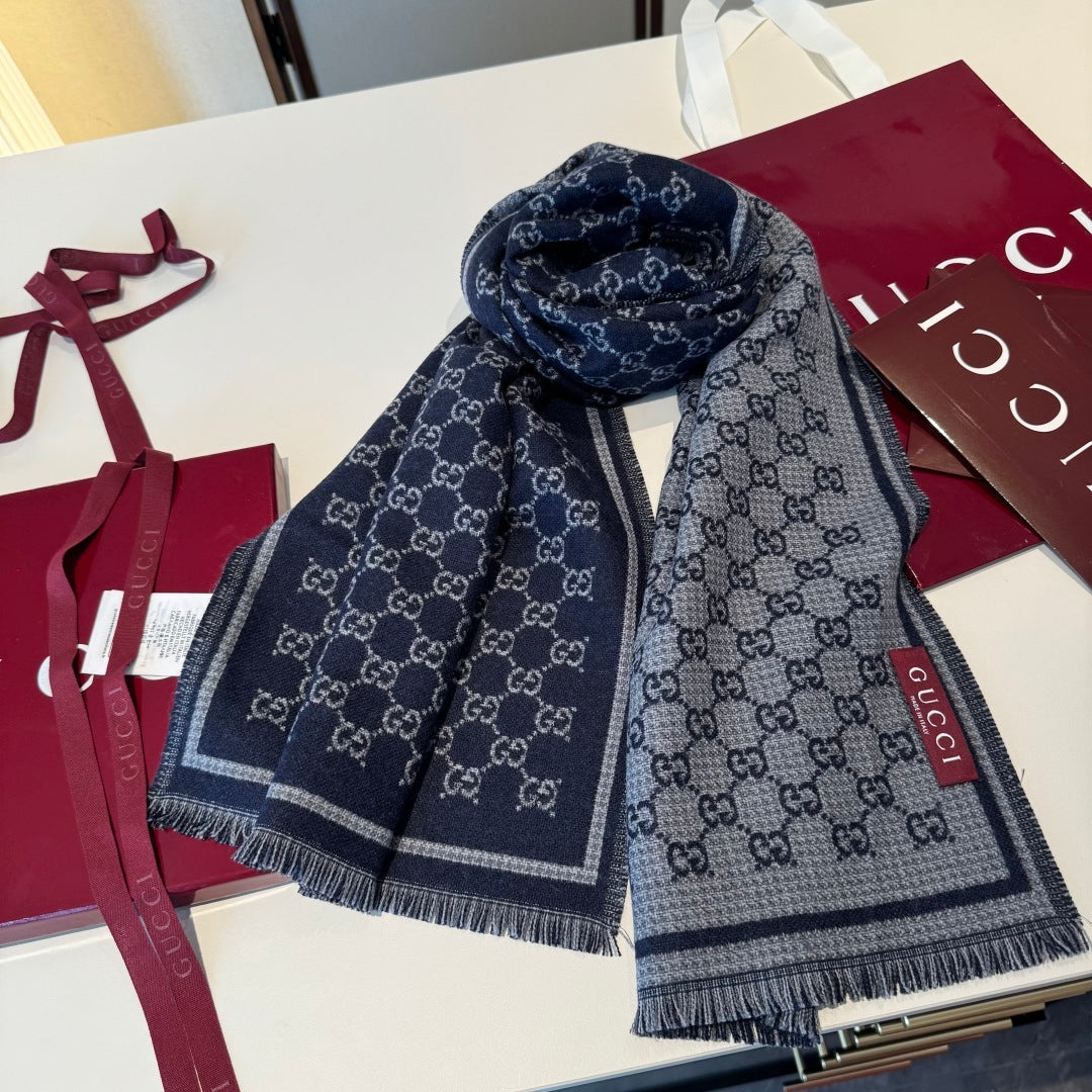 Cachecol Gucci De Lã Cor Azul Marinho / Cinza Claro
