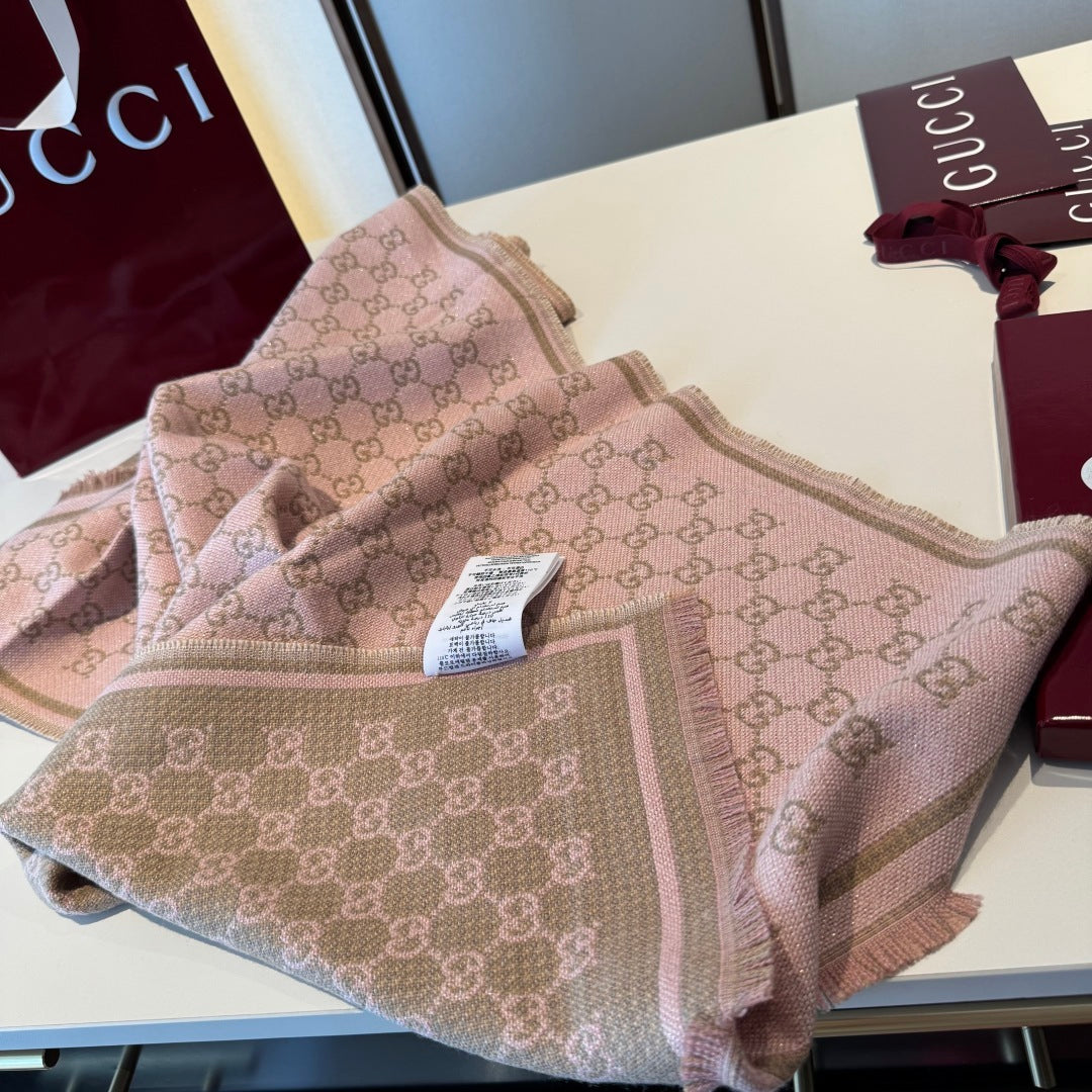 Cachecol Gucci De Lã Cor Rosa Claro / Marrom Claro