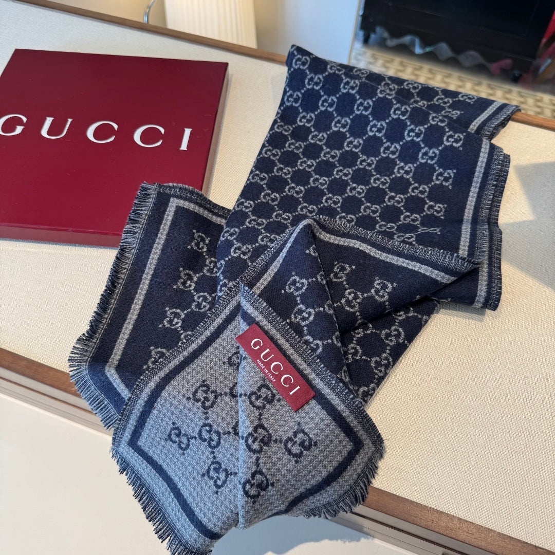 Cachecol Gucci De Lã Cor Azul Marinho / Cinza Claro