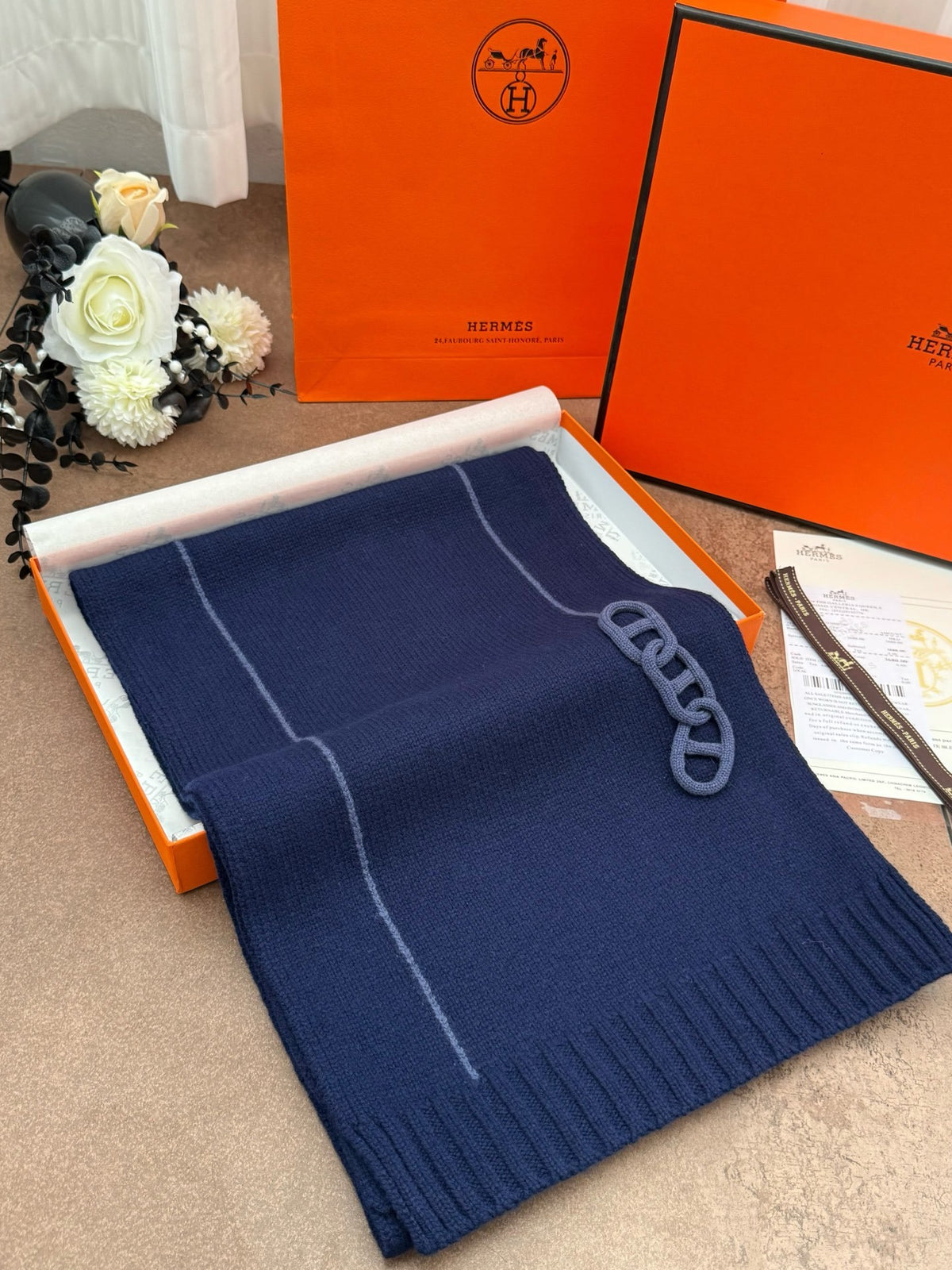 Cachecol Hermés Maillons Traces Em Malha De Tricô Azul-Marinho