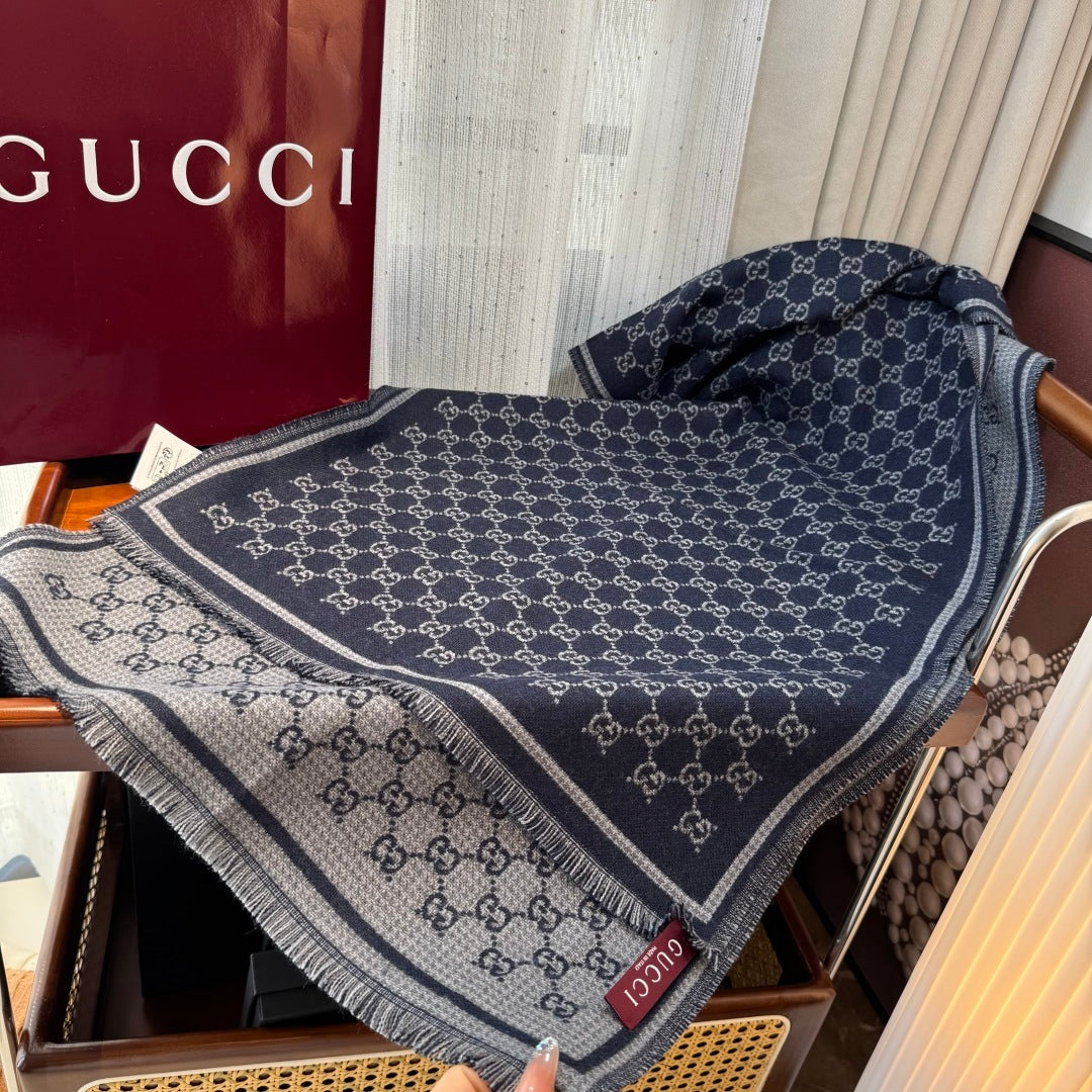Cachecol Gucci De Lã Cor Azul Marinho / Cinza Claro