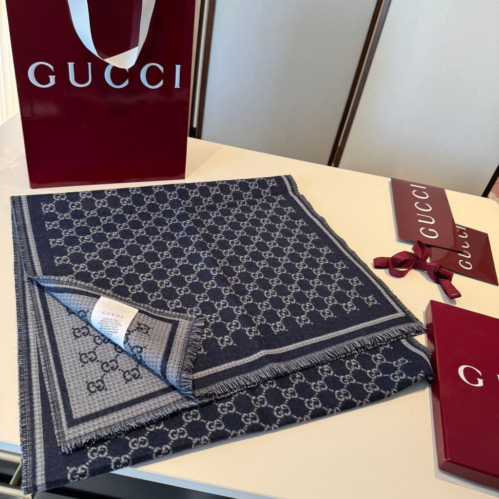 Cachecol Gucci De Lã Cor Azul Marinho / Cinza Claro